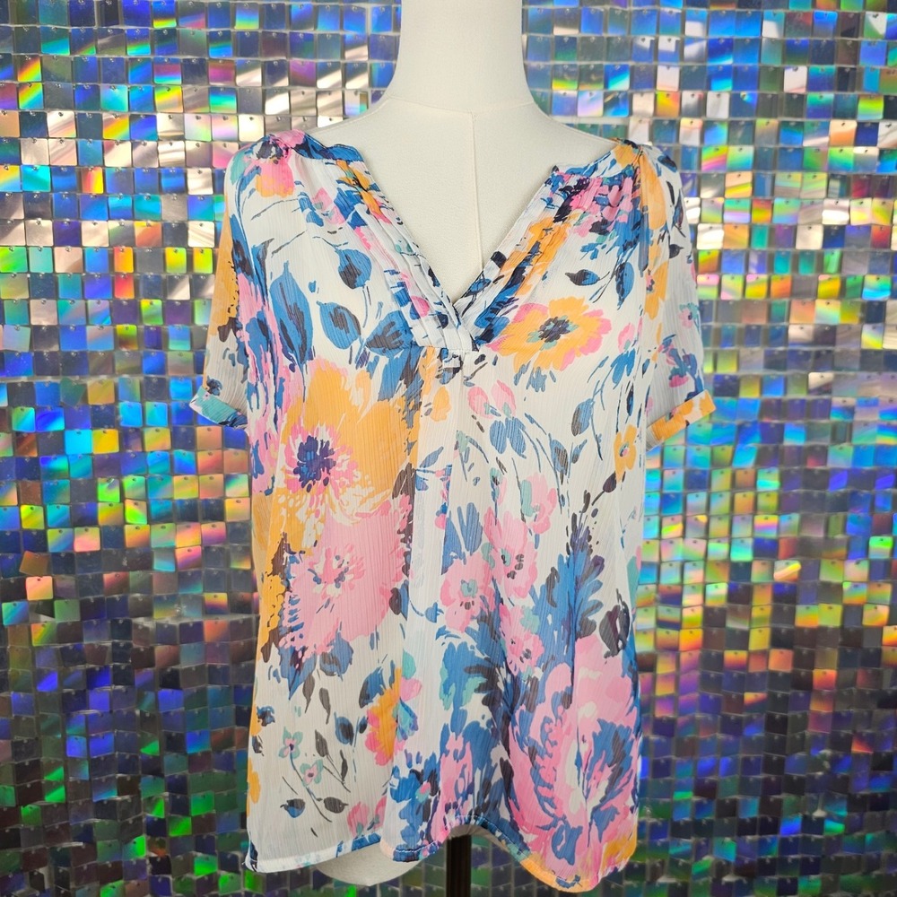 Women's Sheer Floral V-Neck Short Sleeve Tunic Top‎ Blouse - Picture 2 of 9